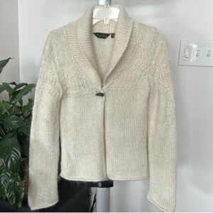True Grit Wool Blend hand Knit Chunky sweater Cardigan Sz XS Ivory Shawl Collar